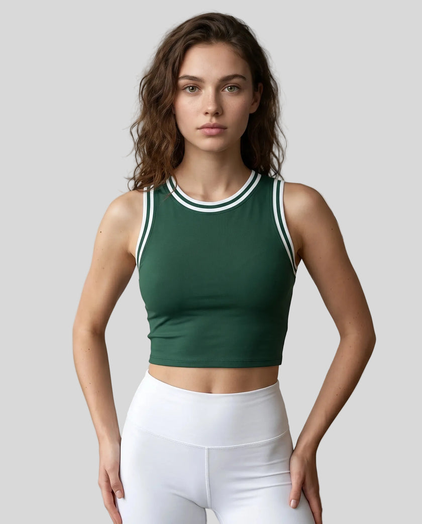 Model wearing the TrackLine Rally Tank in Blackish Green with White, front view.