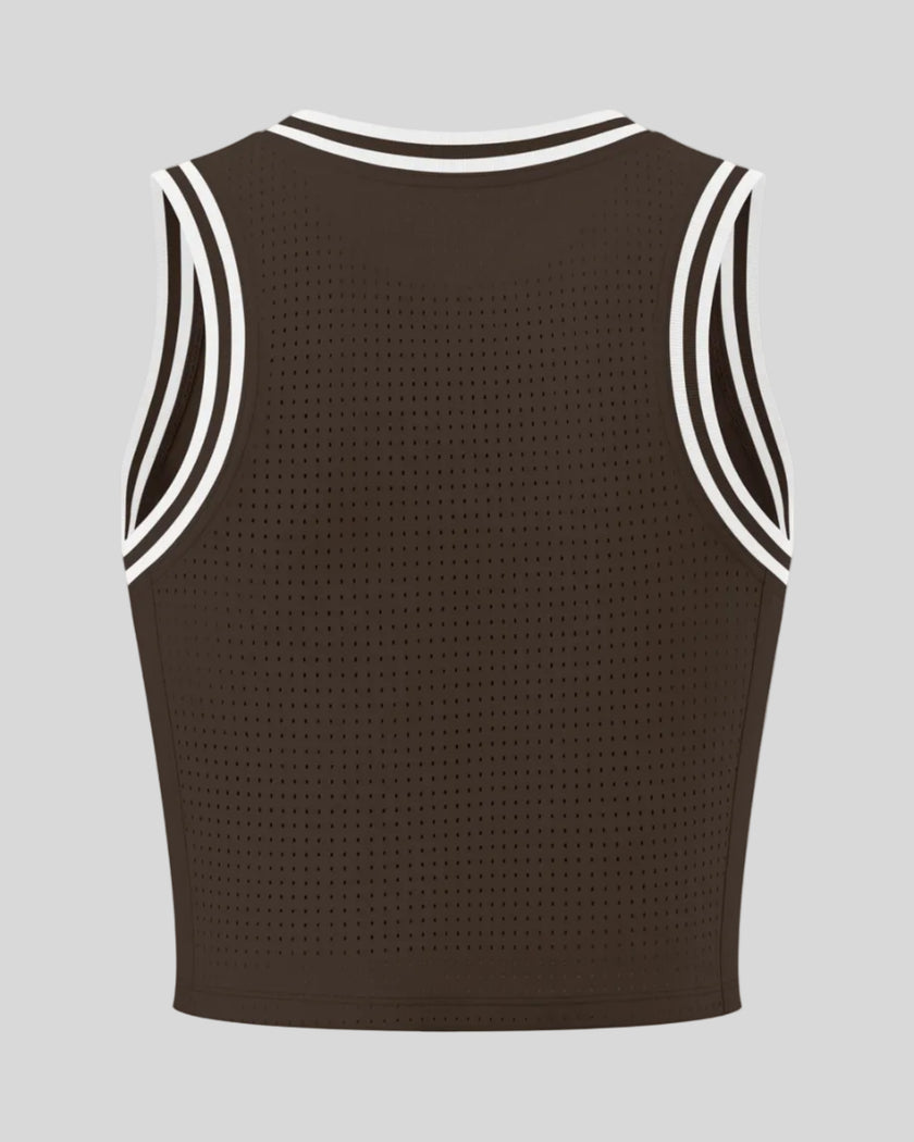 Back view of the TrackLine Rally Tank in Coffee with White featuring perforated panel detailing