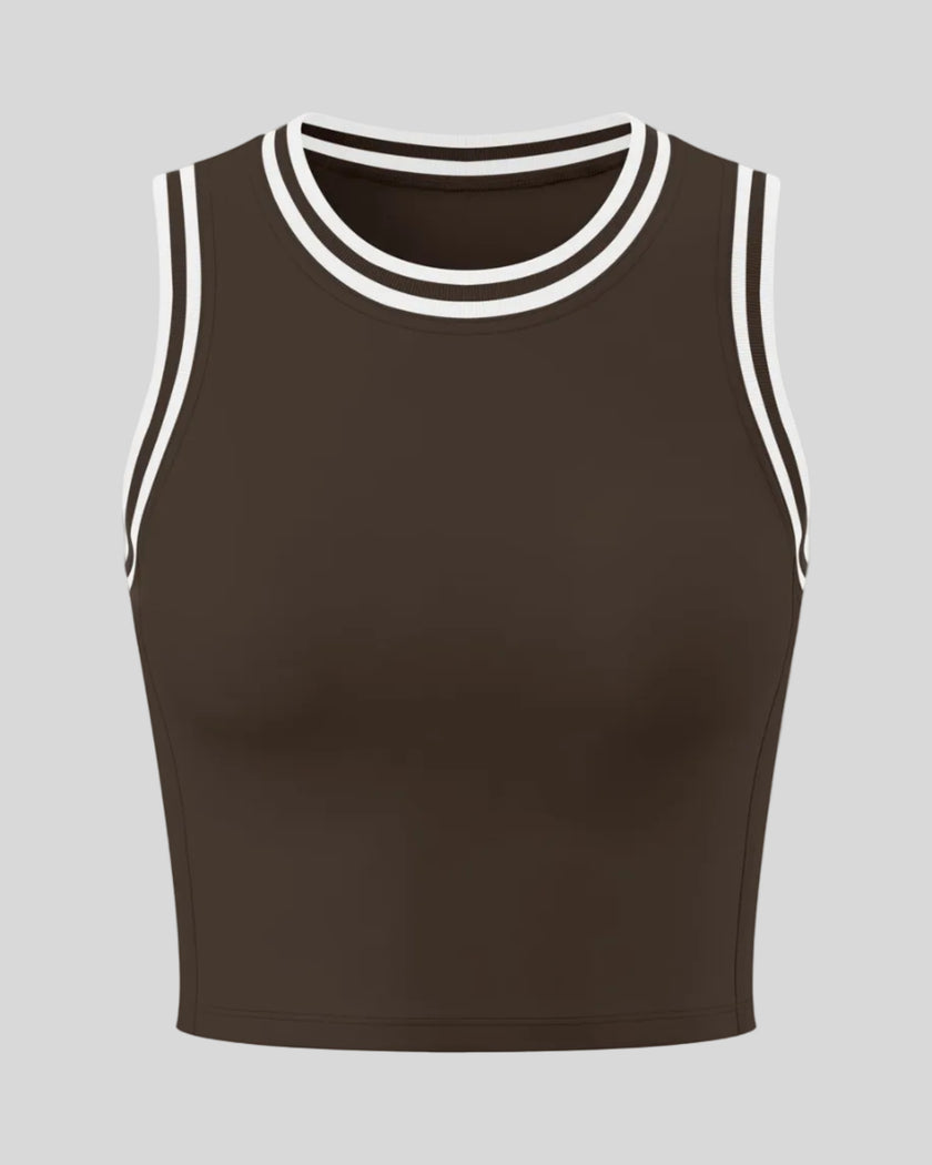 Front view of the TrackLine Rally Tank Top in Coffee with White
