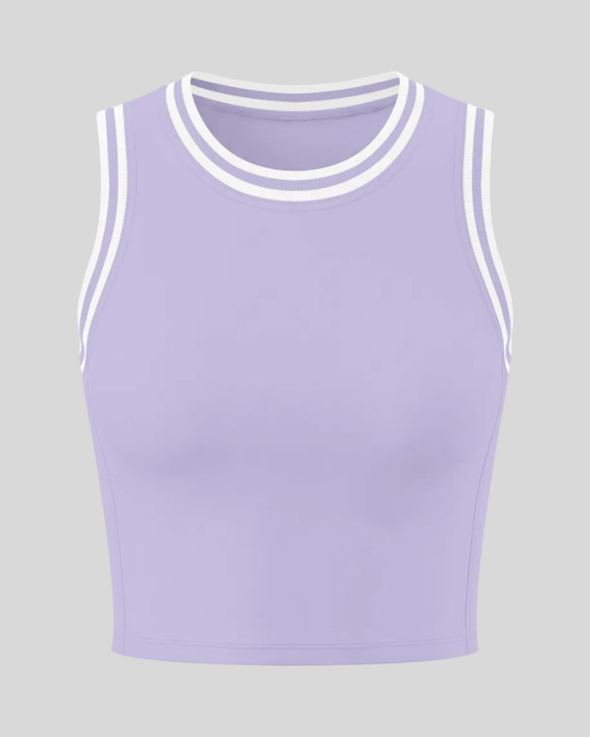 Front view of the TrackLine Rally Tank Top in Lavender with White