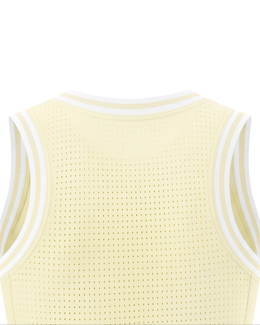 Back neckline detail of the TrackLine Rally Tank in Light Yellow with White