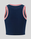 Back view of the TrackLine Rally Tank in Navy Blue with Red featuring perforated panel detailing