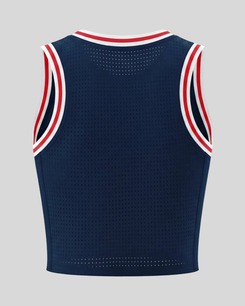 Back view of the TrackLine Rally Tank in Navy Blue with Red featuring perforated panel detailing