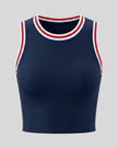 Front view of the TrackLine Rally Tank Top in Navy Blue with Red.