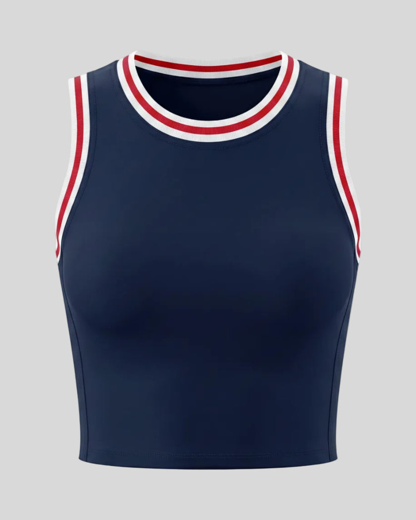 Front view of the TrackLine Rally Tank Top in Navy Blue with Red.