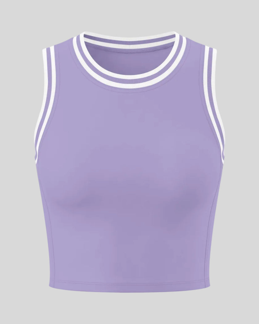 Front view of the TrackLine Rally Tank Top in Purple with White
