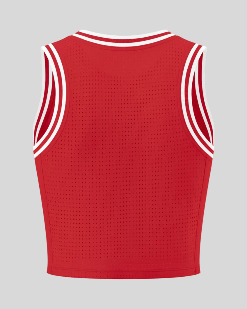 Back view of the TrackLine Rally Tank in Red with White featuring perforated panel detailing