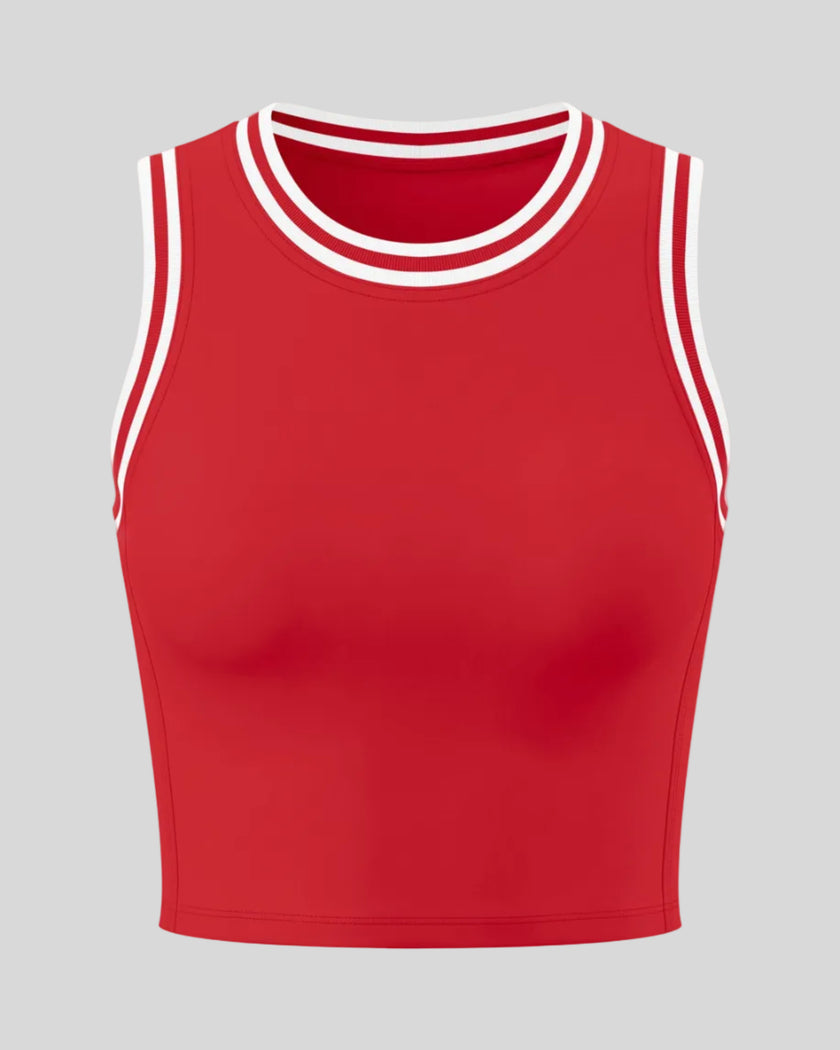 Front view of the TrackLine Rally Tank Top in Red with White