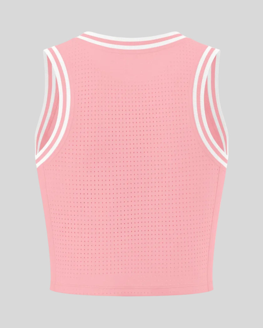 Back view of the TrackLine Rally Tank in Rose Pink with White featuring perforated panel detailing