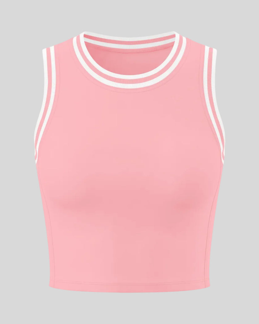 Front view of the TrackLine Rally Tank Top in Rose Pink with White
