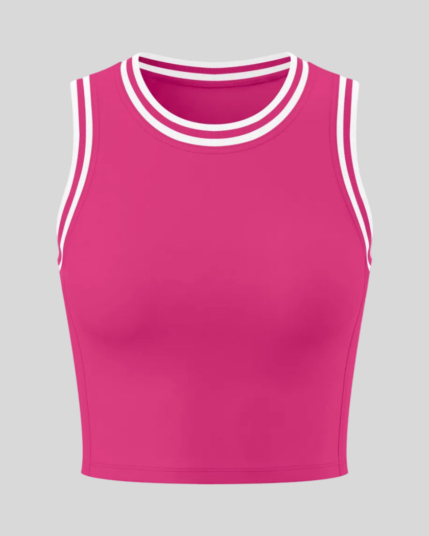 Front view of the TrackLine Rally Tank Top in Rose Red with White