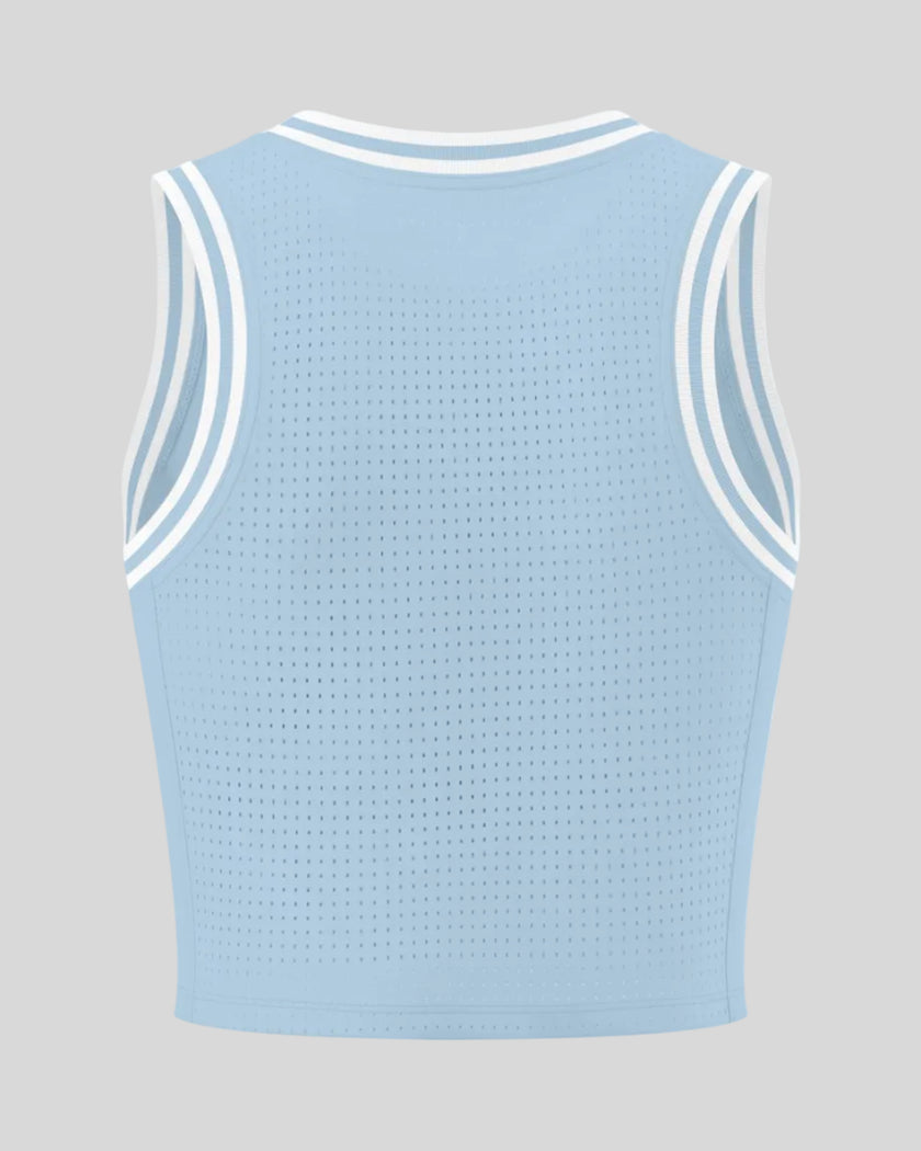 Back view of the TrackLine Rally Tank in Sky Blue with White featuring perforated panel detailing