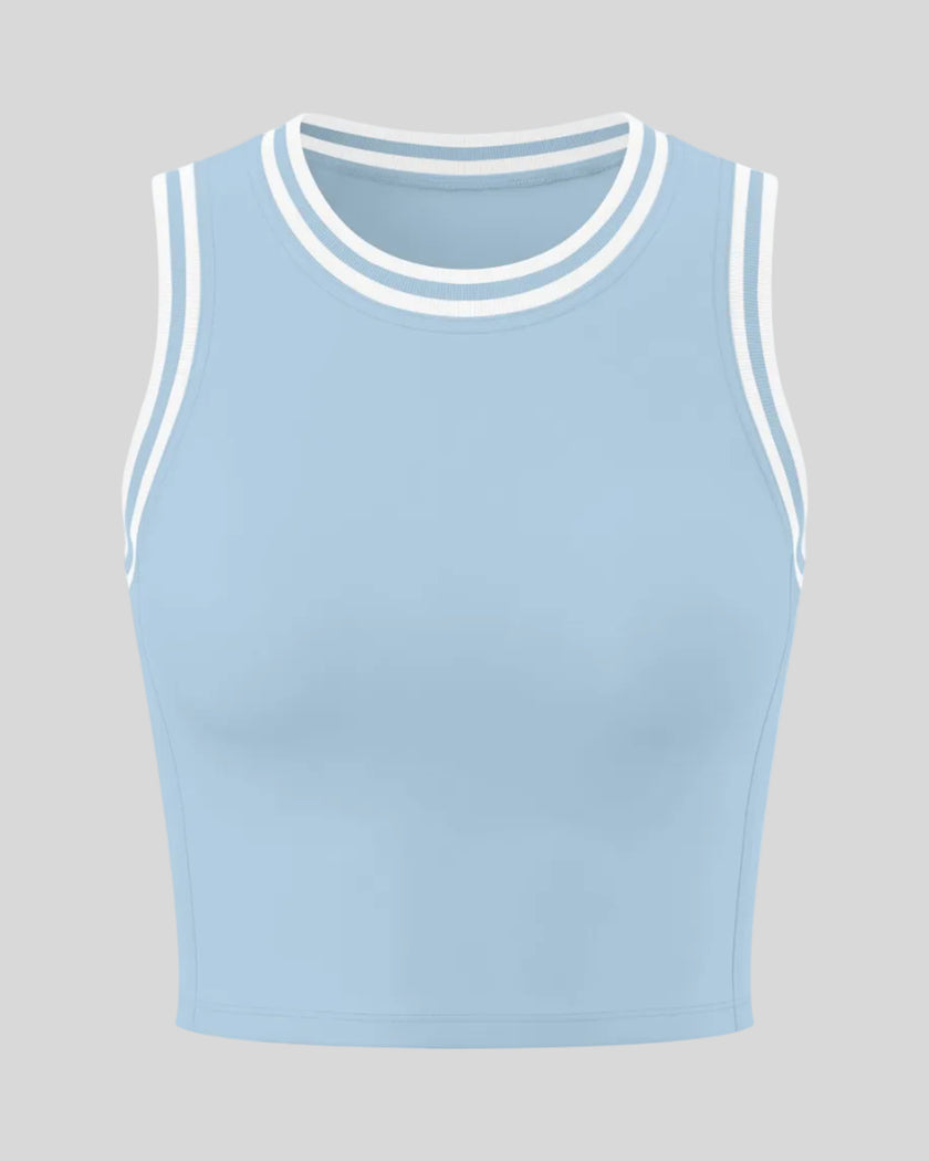 Front view of the TrackLine Rally Tank Top in Sky Blue with White