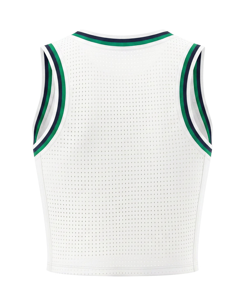 Back view of the TrackLine Rally Tank in White with Green featuring perforated panel detailing
