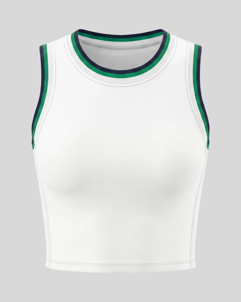 Front view of the TrackLine Rally Tank Top in White with Green