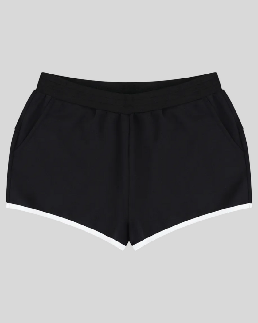 TrackLine Retro Shorts in Black with White contrast binding front view