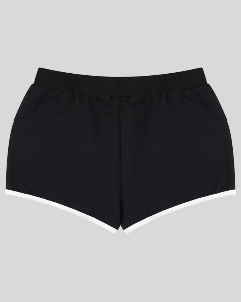Athlesi TrackLine Retro Shorts in black and white back view with sporty retro silhouette