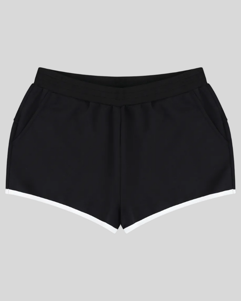 Athlesi TrackLine Retro Shorts in black and white front view with retro athletic trim