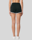 Back view of model wearing the Athlesi TrackLine Retro Shorts in black and white
