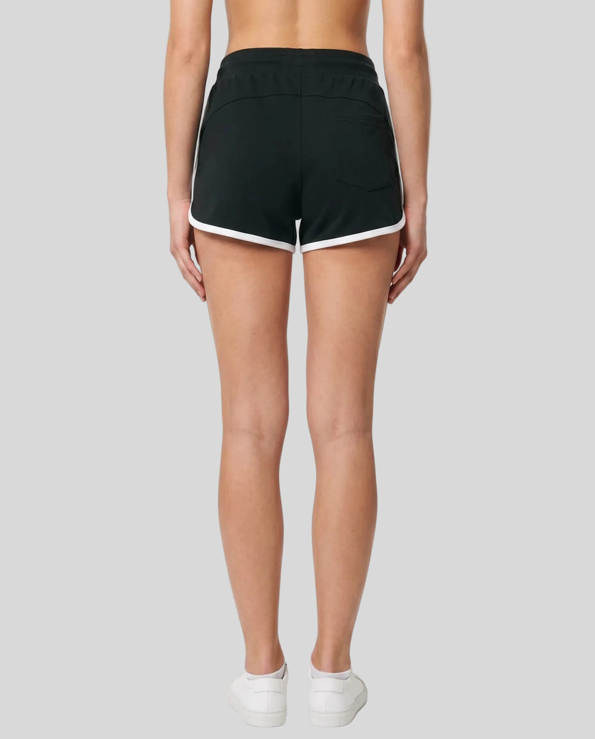 Back view of model wearing the Athlesi TrackLine Retro Shorts in black and white