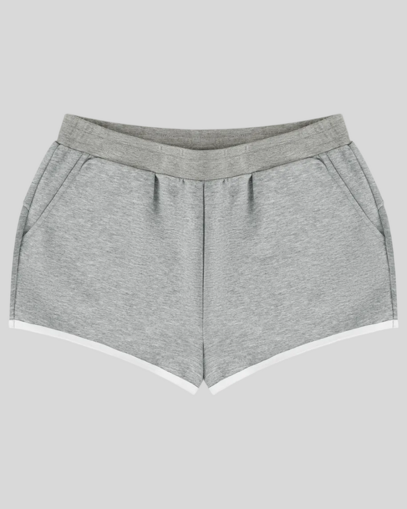 Athlesi TrackLine Retro Shorts in flower gray and white front view with retro athletic trim