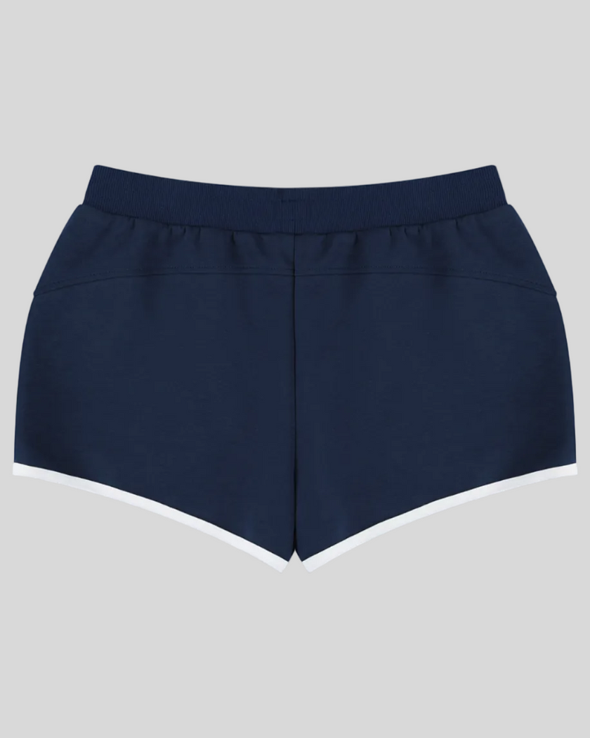 TrackLine Retro Shorts in Navy Blue with White contrast binding back view