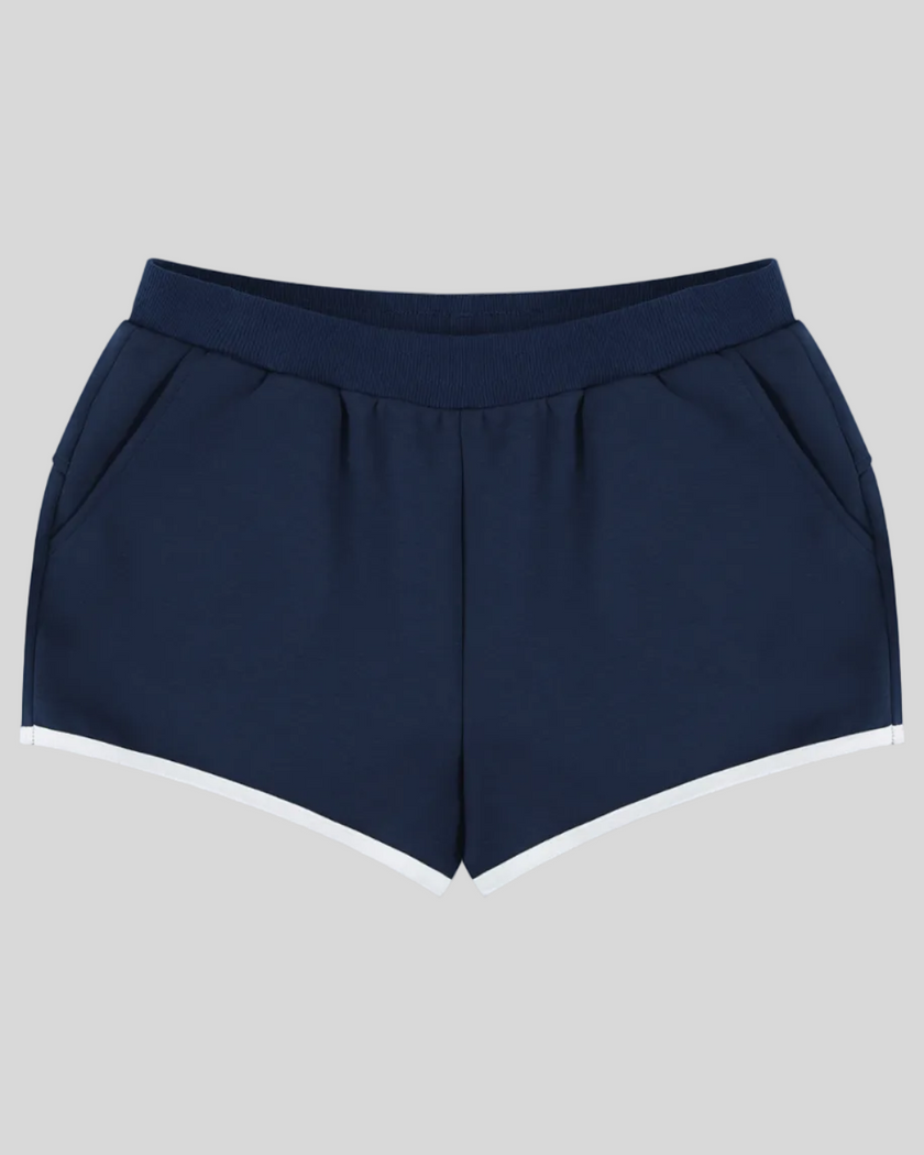 TrackLine Retro Shorts in Navy Blue with White contrast binding front view
