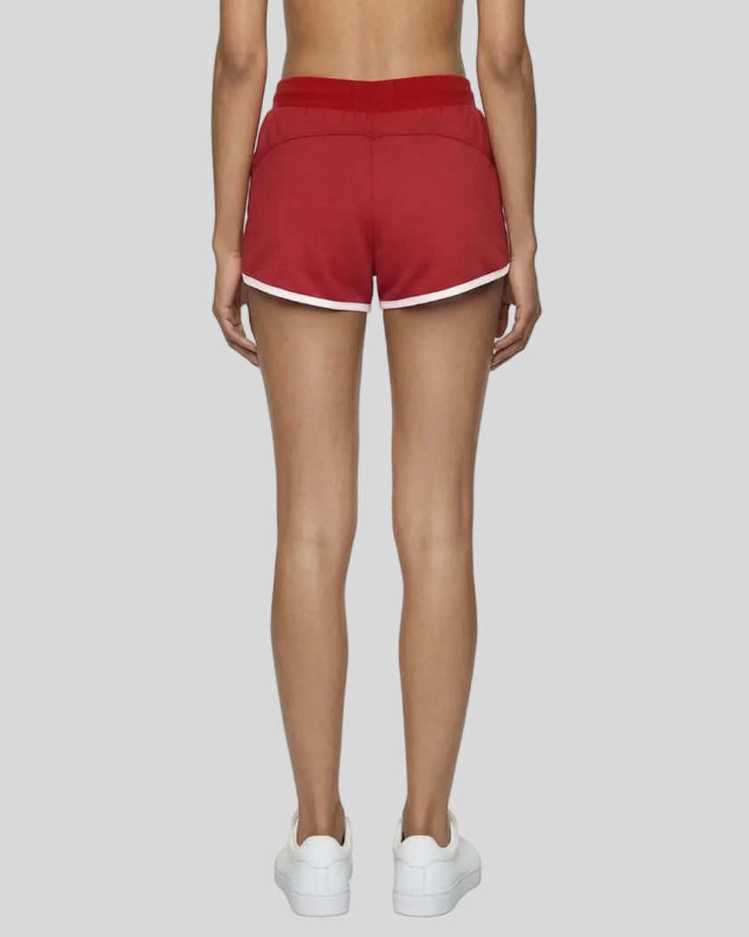 Back view of TrackLine Retro Shorts in Red with White contrast binding on model