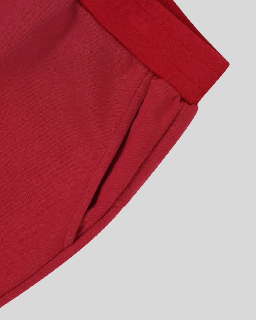 Side pocket detail of TrackLine Retro Shorts in Red