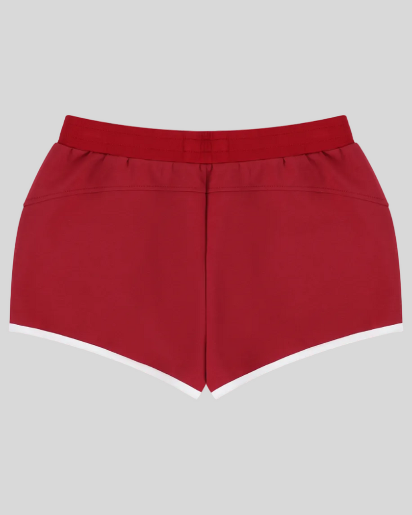 Athlesi TrackLine Retro Shorts in red and white back view with sporty retro silhouette