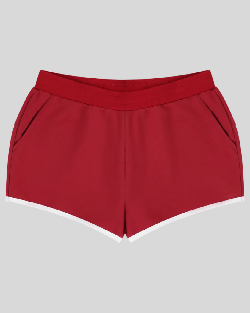 Athlesi TrackLine Retro Shorts in red and white front view with retro athletic trim
