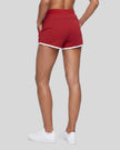 Angled back view of model wearing the Athlesi TrackLine Retro Shorts in red and white