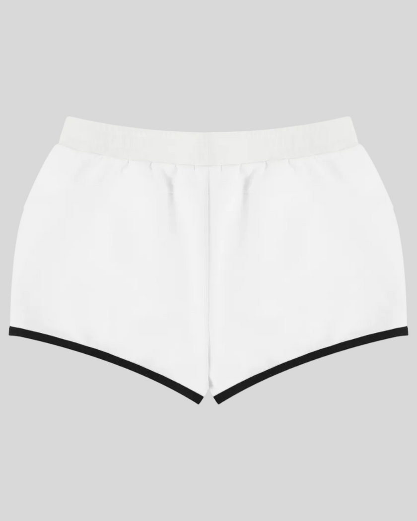 Athlesi TrackLine Retro Shorts in white and black back view with sporty retro silhouette