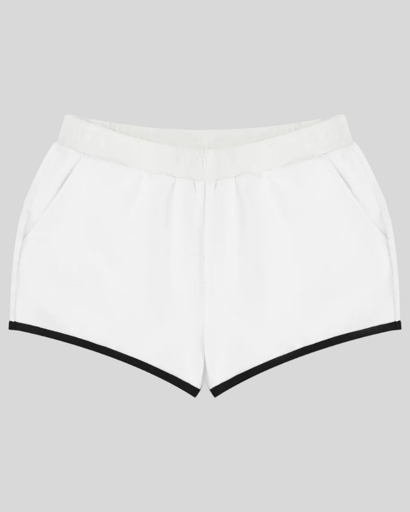 Athlesi TrackLine Retro Shorts in white and black front view with retro athletic trim