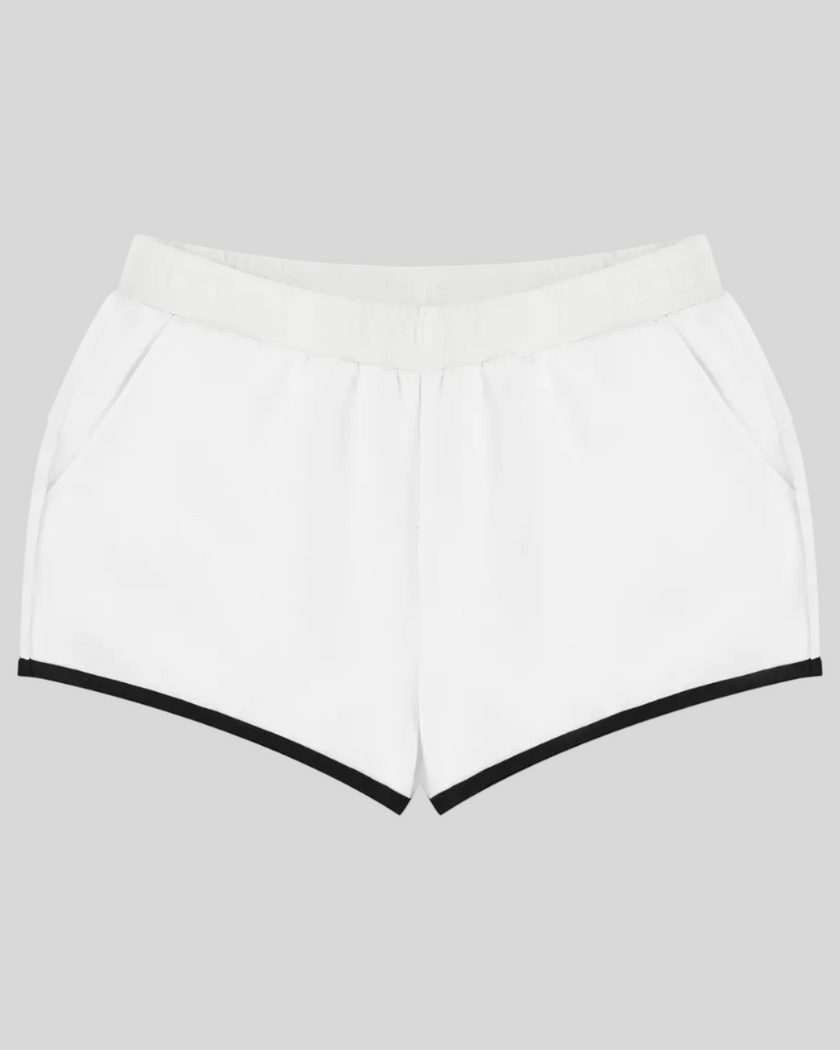 TrackLine Retro Shorts in White with Black contrast binding front view