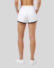 Back view of TrackLine Retro Shorts in White with Black contrast binding on model