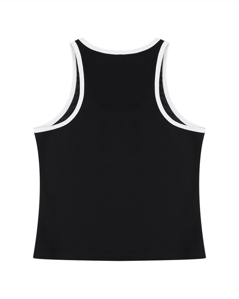 Athlesi TrackLine Retro Tank in black and white, flatlay back view with racerback-inspired sporty silhouette