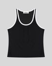 Athlesi TrackLine Retro Tank in black and white, flatlay front view with retro athletic contrast trim