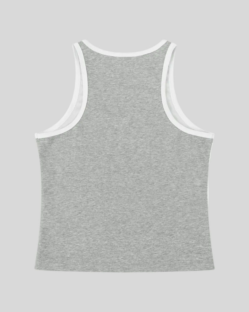 Athlesi TrackLine Retro Tank in gray and white, flatlay back view with racerback-inspired sporty silhouette