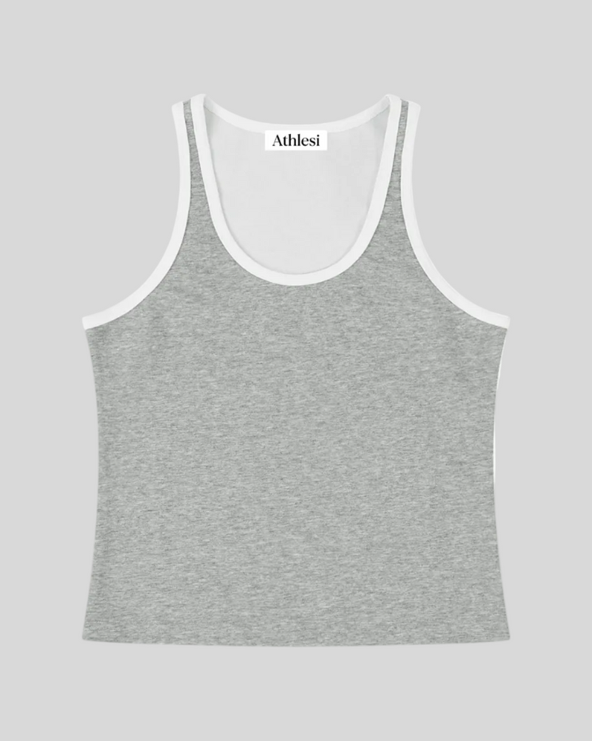 Athlesi TrackLine Retro Tank in flower gray and white, flatlay front view with retro athletic contrast trim