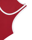 Armhole and side seam detail of the Athlesi TrackLine Retro Tank in red and white