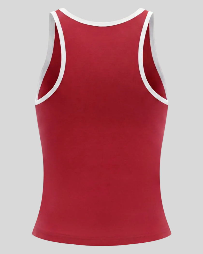 Athlesi TrackLine Retro Tank in red and white, 3D back view with racerback-inspired sporty silhouette