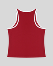 Athlesi TrackLine Retro Tank in red and white, flatlay back view with racerback-inspired sporty silhouette