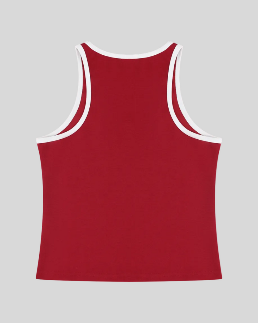 Athlesi TrackLine Retro Tank in red and white, flatlay back view with racerback-inspired sporty silhouette