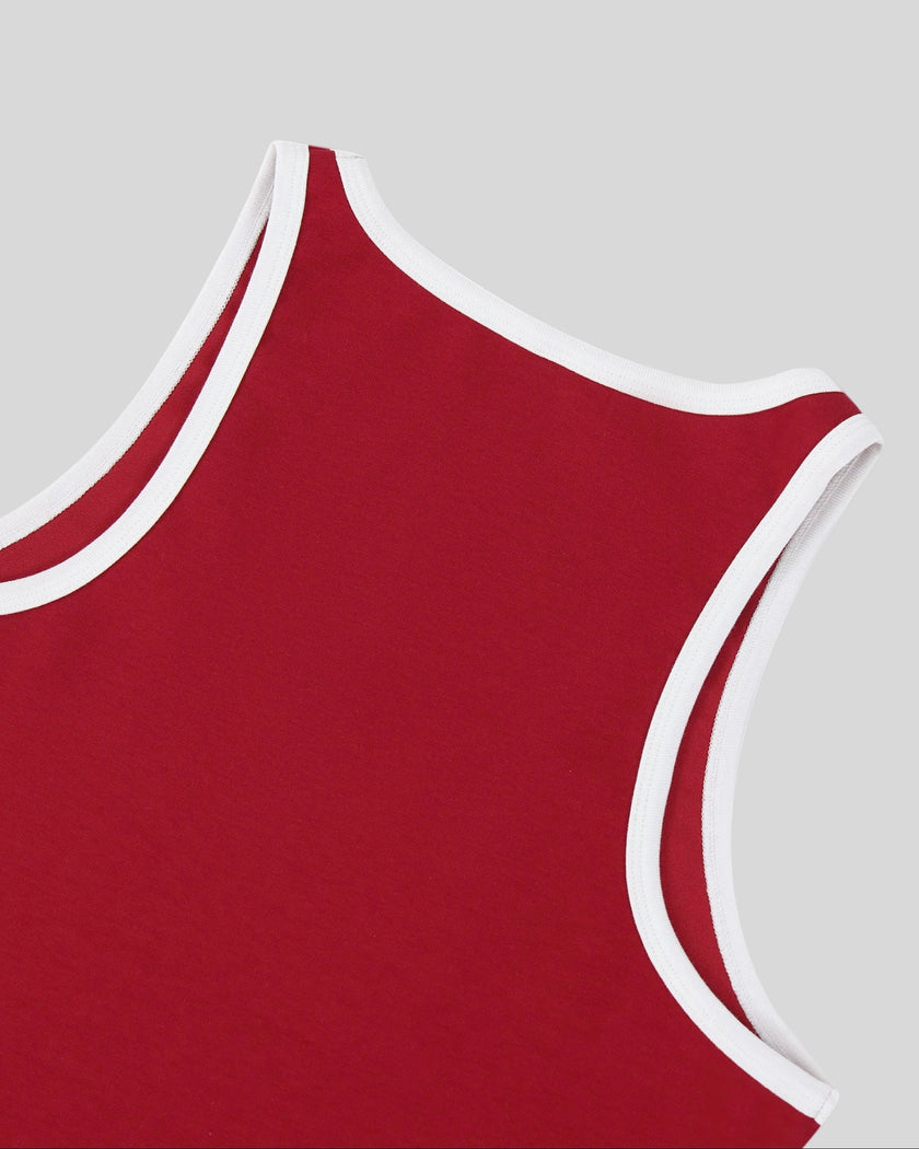 Back neckline detail of the Athlesi TrackLine Retro Tank in red and white