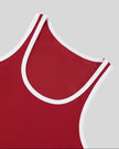 Closeup of the contrast neckline on the Athlesi TrackLine Retro Tank in red and white