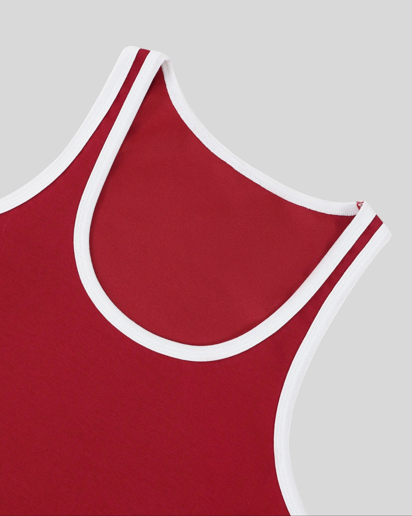 Closeup of the contrast neckline on the Athlesi TrackLine Retro Tank in red and white