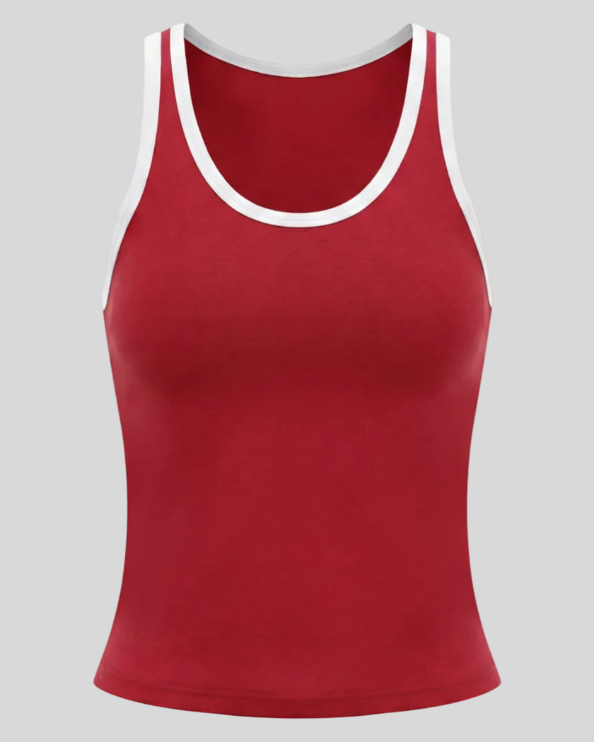 Athlesi TrackLine Retro Tank in red and white, 3D front view with retro athletic contrast trim