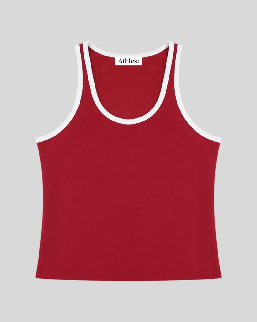 Athlesi TrackLine Retro Tank in red and white, flatlay front view with retro athletic contrast trim