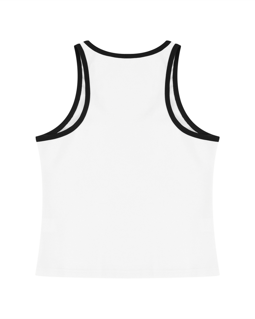 Athlesi TrackLine Retro Tank in white and black, flatlay back view with racerback-inspired sporty silhouette